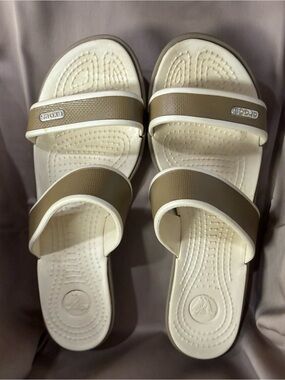 CROCS Women’s Dual-Strap Slide Sandals - Taupe and White
